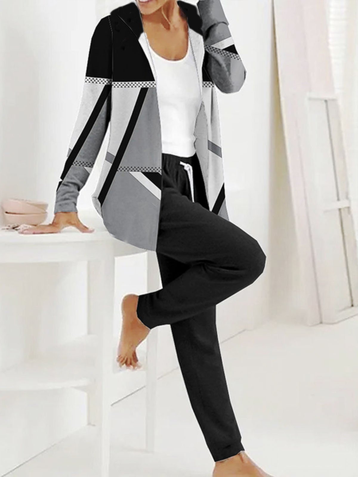 Deux Pièces Ensembles Bloc de Couleur Décontracté Printemps / Automne Sweat-shirt à Capuche Micro-élasticité Quotidien Jersey Droit Régulier pour Femmes
