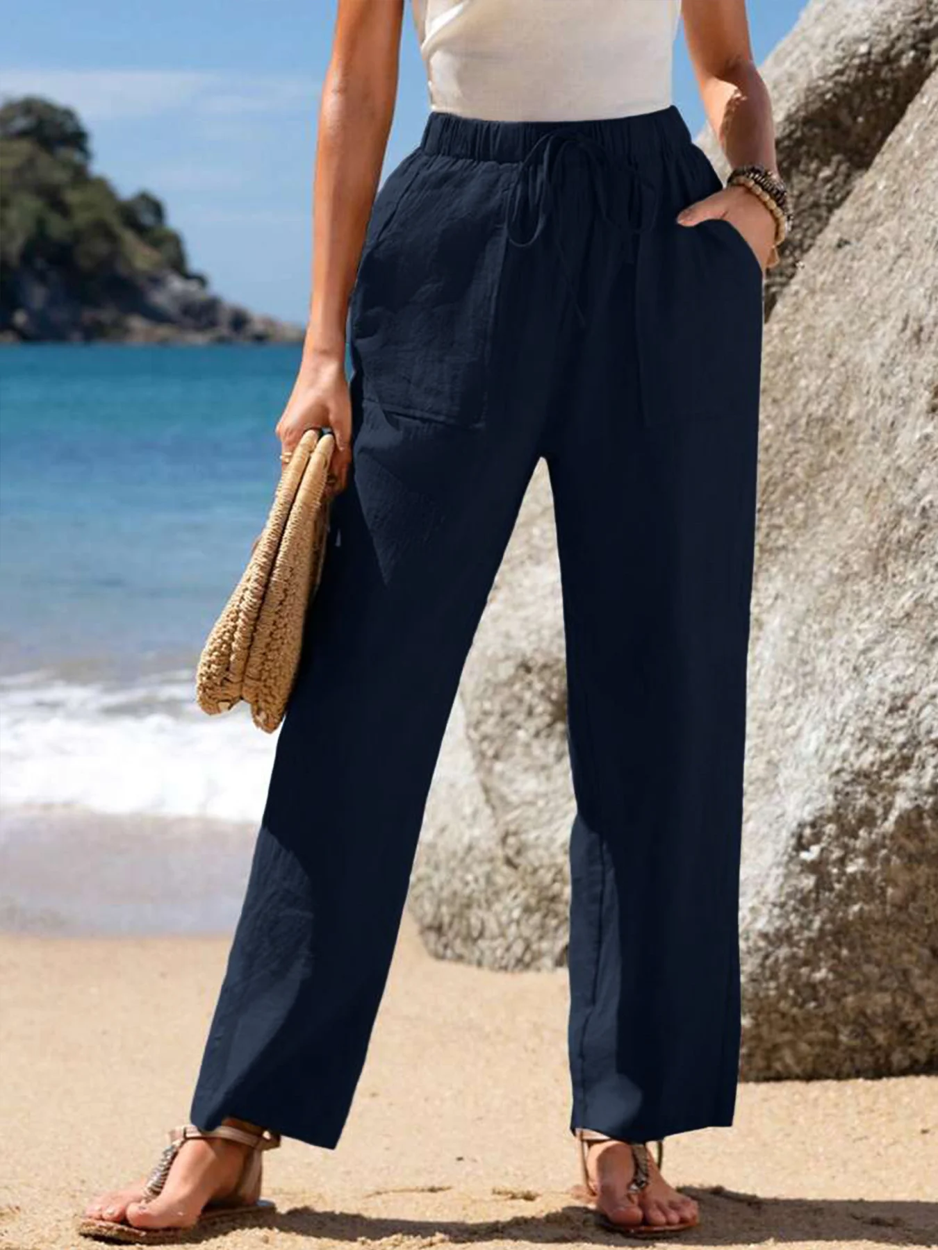 Pantalons Femmes Décontracté Plain Printemps / Automne Polyester Aucune élasticité Cordon de Serrage Taille Élastique Pantalon droit Droit
