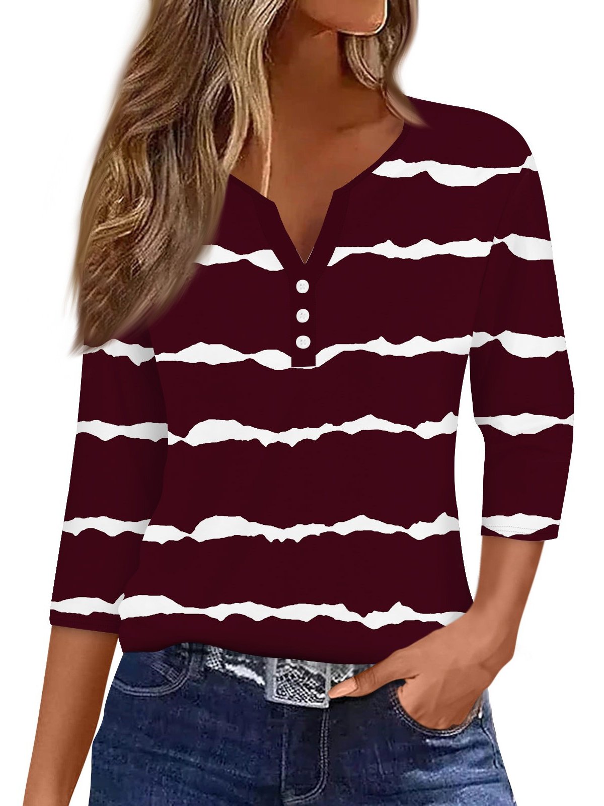 T-shirts Décontracté Printemps / Automne Abstrait Rayé Ample Jersey Manches trois quarts Régulier Régulier Non pour Femmes