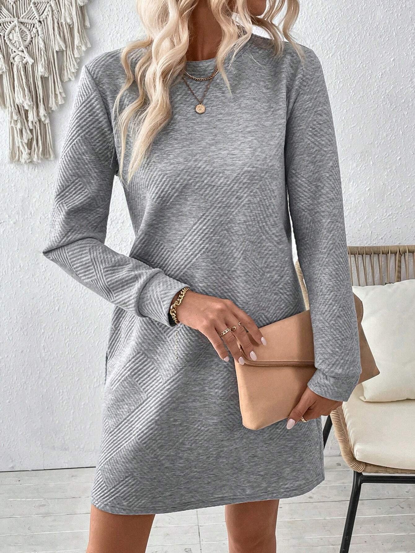 Femmes Plain Gris Col Rond Confortable Jacquard Mini Robe Décontracté