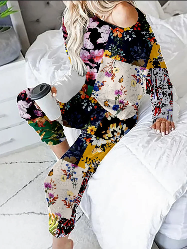 Deux Pièces Ensembles Femmes Décontracté Floral Printemps / Automne Coton Naturel Manches Longues Col Rond Top Avec Pantalons Droit