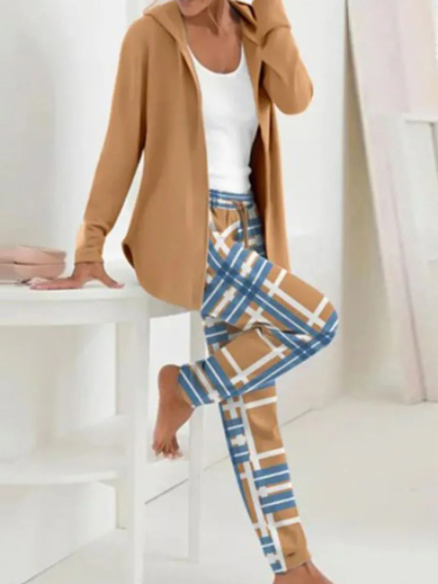 Deux Pièces Ensembles Femmes Décontracté Printemps / Automne Plaid Sweat-shirt à Capuche Quotidien Ample Droit Régulier T.-N.-L.