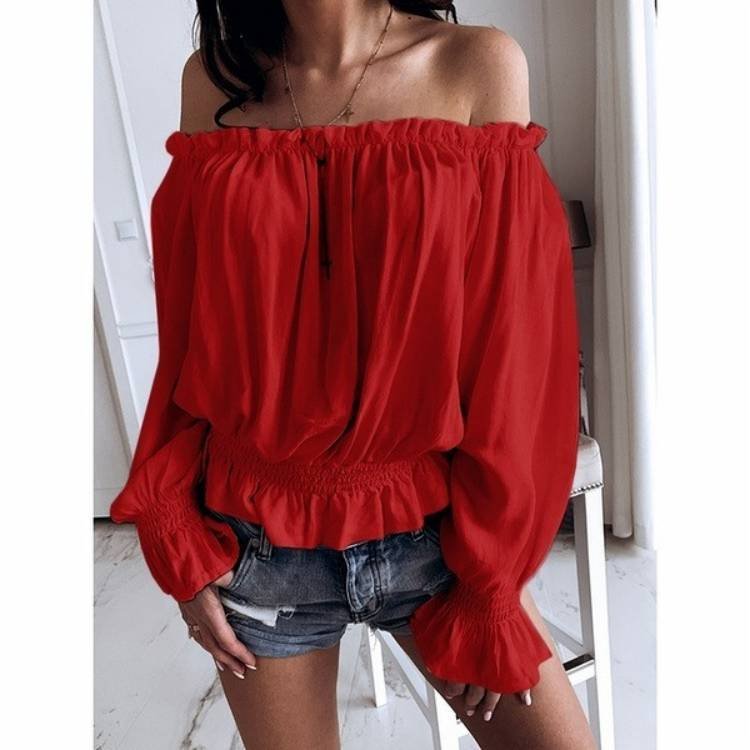 Chemisiers1 Femmes Décontracté Plain Printemps / Automne Polyester Aucune élasticité Ample Manches Longues Régulier À Épaules Dénudées
