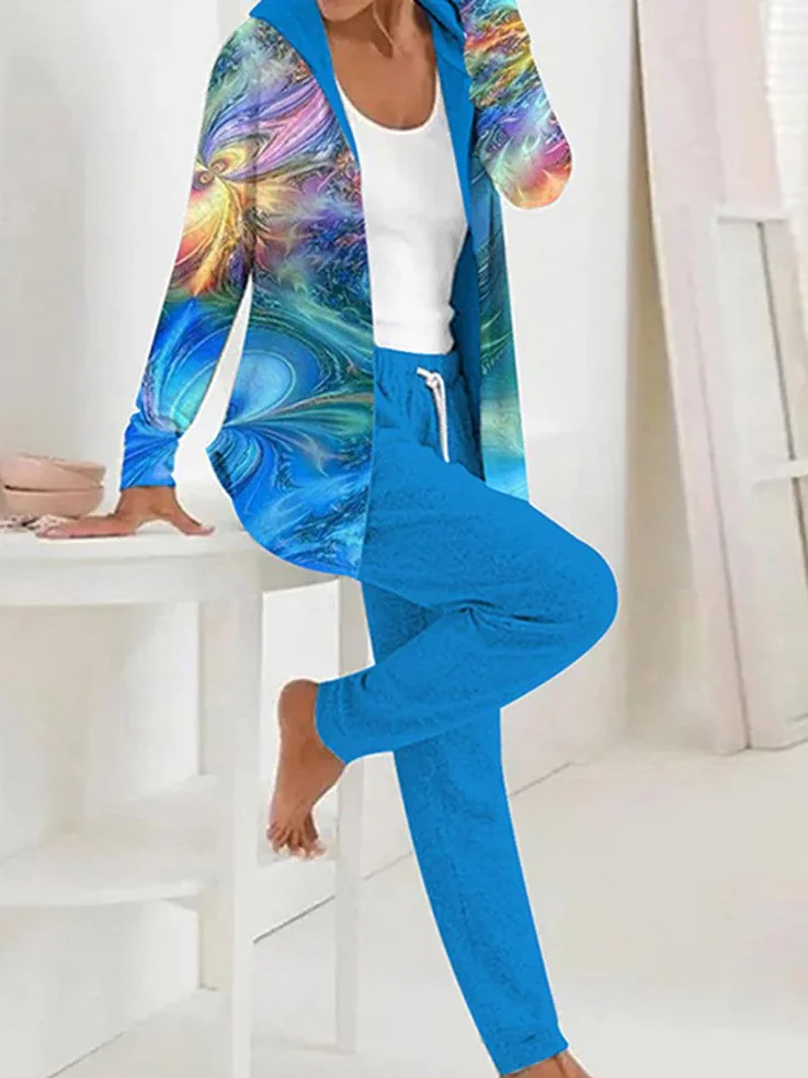 Deux Pièces Ensembles Décontracté Abstrait Printemps / Automne Naturel Ample Manches Longues Manteau avec Pantalons Droit Régulier pour Femmes