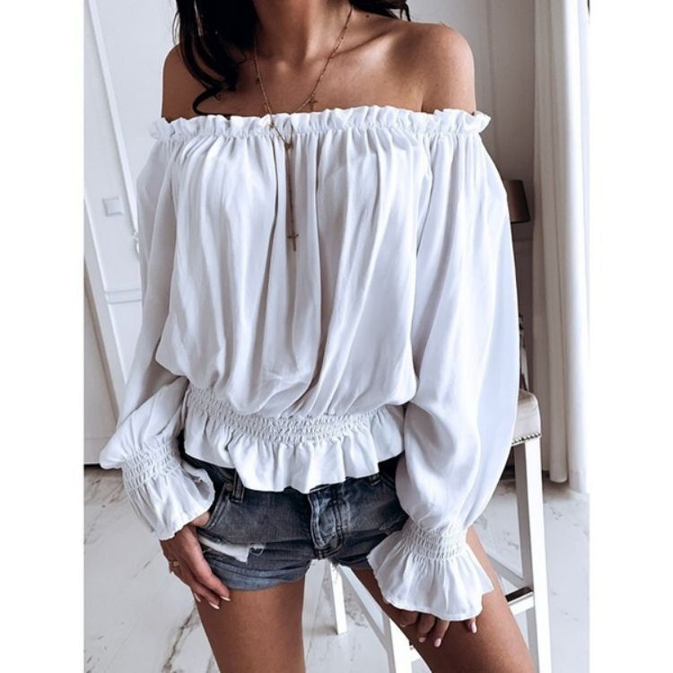 Chemisiers1 Femmes Décontracté Plain Printemps / Automne Polyester Aucune élasticité Ample Manches Longues Régulier À Épaules Dénudées