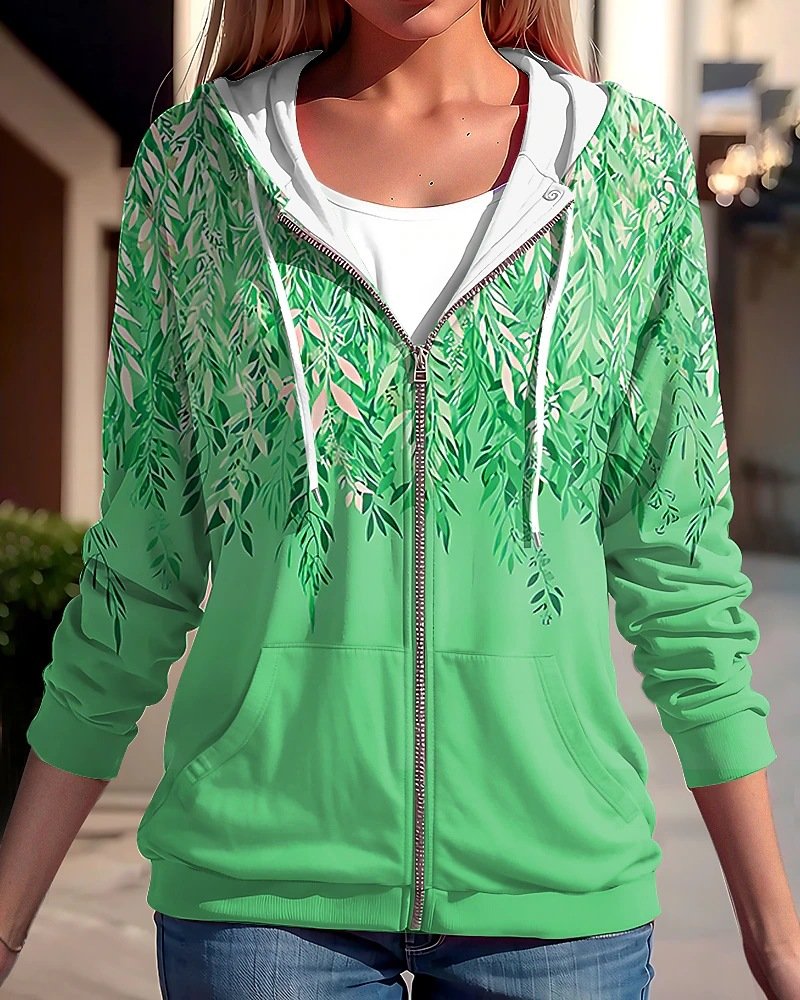 Manches Longues Régulier Feuille Blouson Zip pour Femmes