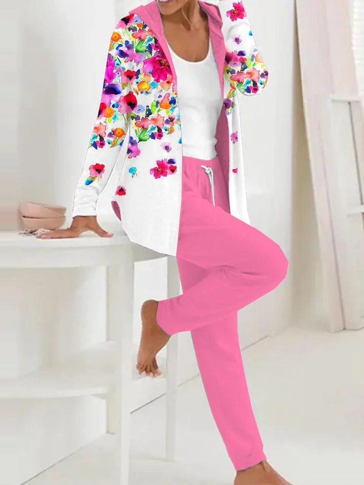 Deux Pièces Ensembles Femmes Décontracté Floral Printemps / Automne Polyester Sweat-shirt à Capuche Naturel Ample Manches Longues Régulier