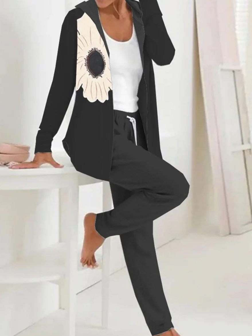 Deux Pièces Ensembles Femmes Décontracté Floral Printemps / Automne Polyester Sweat-shirt à Capuche Ample Manteau avec Pantalons Droit Régulier