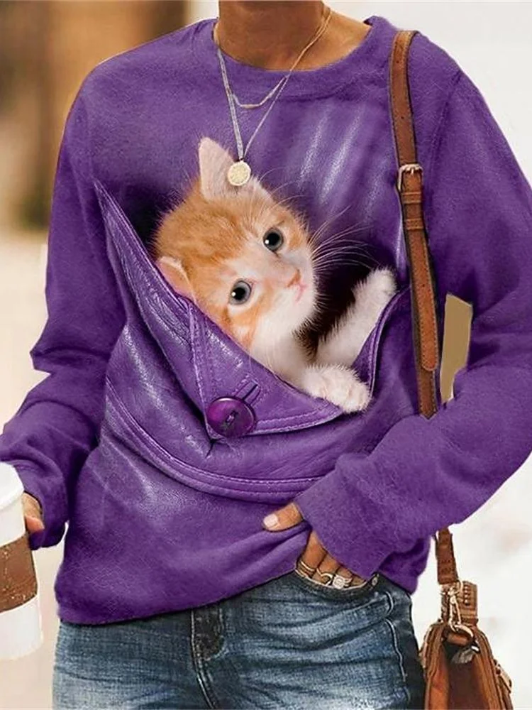 Sweat-shirts Femmes Décontracté Printemps / Automne Chat Micro-élasticité Ample Manches Longues Régulier Droit Régulier