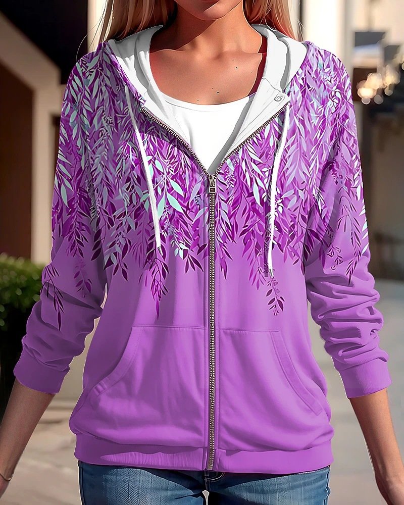 Manches Longues Régulier Feuille Blouson Zip pour Femmes