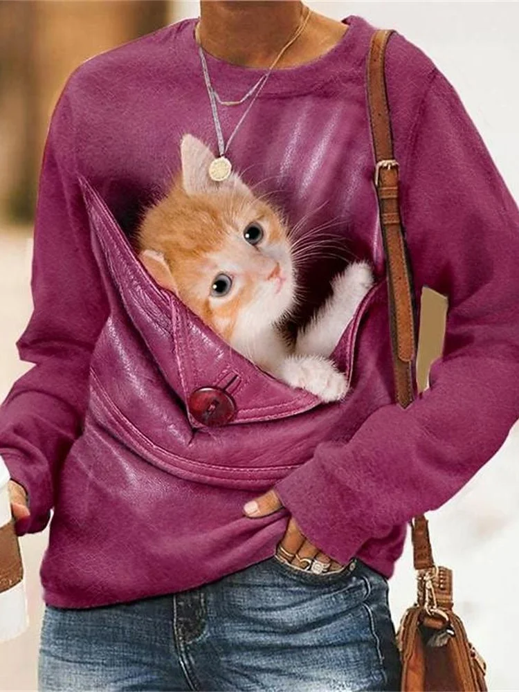 Sweat-shirts Femmes Décontracté Printemps / Automne Chat Micro-élasticité Ample Manches Longues Régulier Droit Régulier