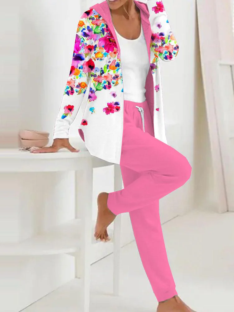 Deux Pièces Ensembles Femmes Décontracté Floral Printemps / Automne Polyester Sweat-shirt à Capuche Naturel Ample Manches Longues Régulier