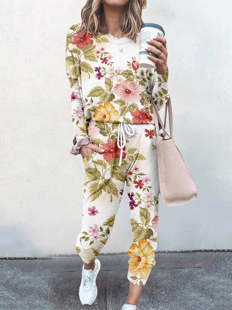 Deux Pièces Ensembles Femmes Décontracté Floral Printemps / Automne Coton Naturel Manches Longues Col Rond Top Avec Pantalons Droit