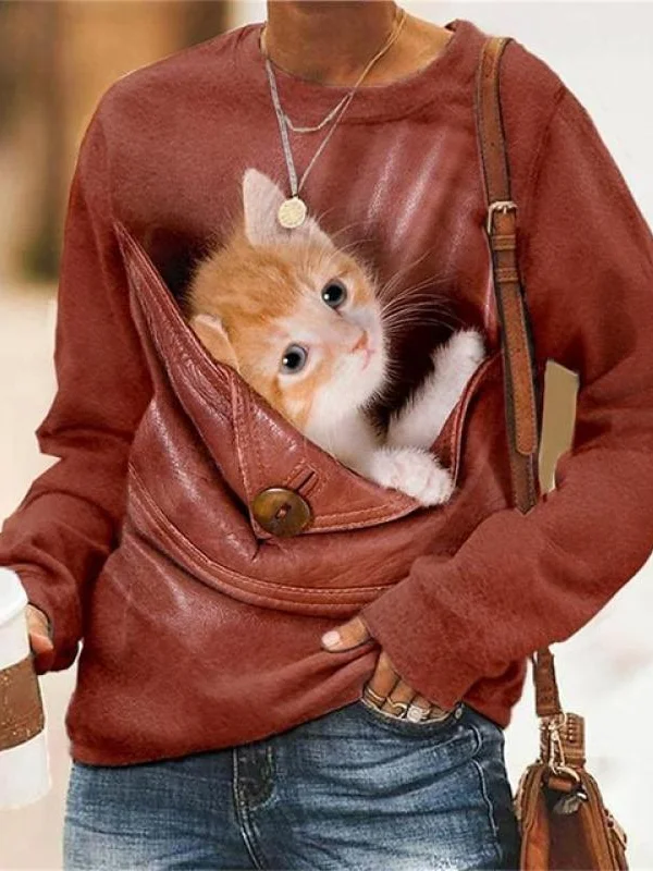 Sweat-shirts Femmes Décontracté Printemps / Automne Chat Micro-élasticité Ample Manches Longues Régulier Droit Régulier