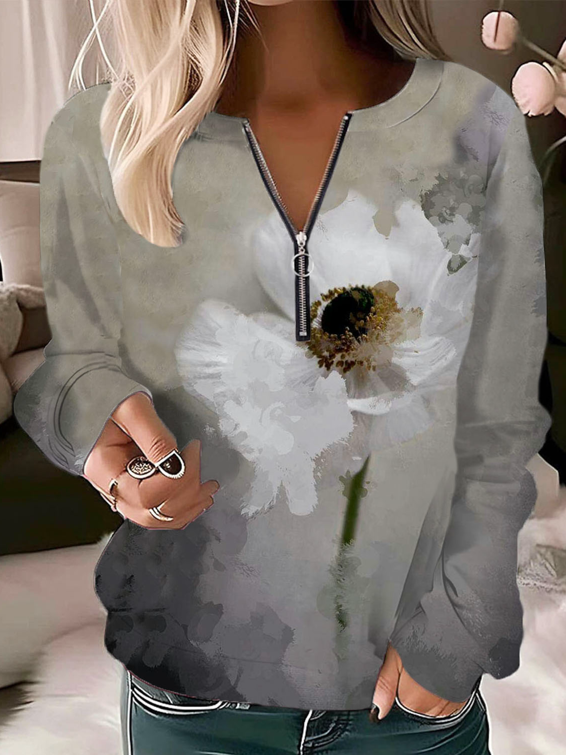 Sweat-shirts Décontracté Floral Printemps / Automne Micro-élasticité Quotidien Ample Manches Longues Col Rond T.-N.-L. pour Femmes