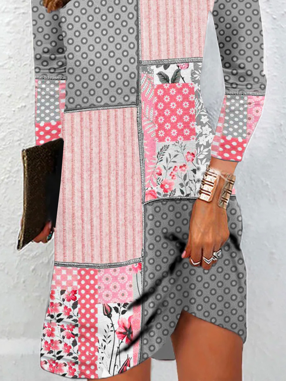Femmes Floral Rose Col Rond Confortable Mini Robe Décontracté