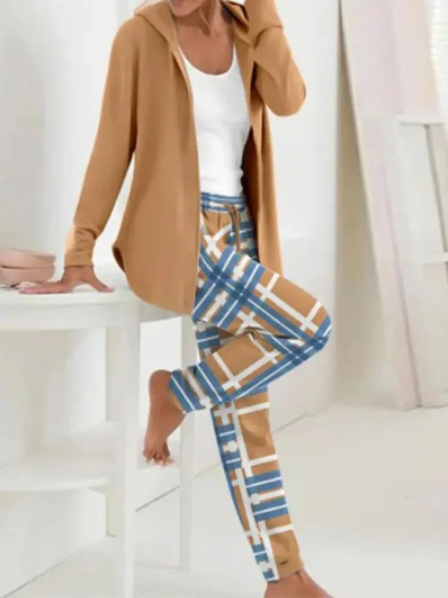 Deux Pièces Ensembles Femmes Décontracté Printemps / Automne Plaid Sweat-shirt à Capuche Quotidien Ample Droit Régulier T.-N.-L.
