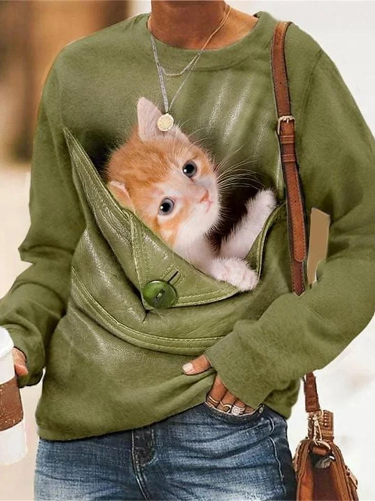 Sweat-shirts Femmes Décontracté Printemps / Automne Chat Micro-élasticité Ample Manches Longues Régulier Droit Régulier