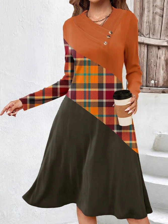 Femmes Bloc de Couleur Orange Confortable Dentelle Robe Mi-Longue Décontracté