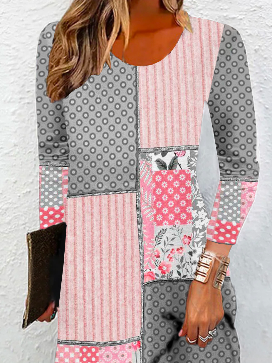 Femmes Floral Rose Col Rond Confortable Mini Robe Décontracté