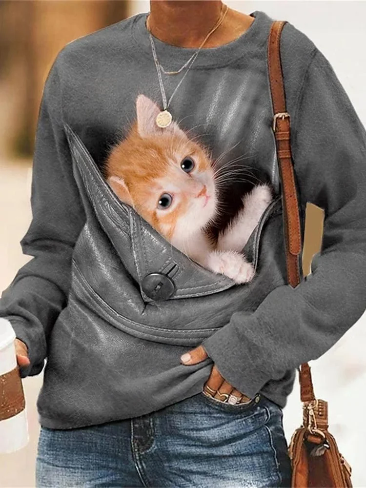 Sweat-shirts Femmes Décontracté Printemps / Automne Chat Micro-élasticité Ample Manches Longues Régulier Droit Régulier