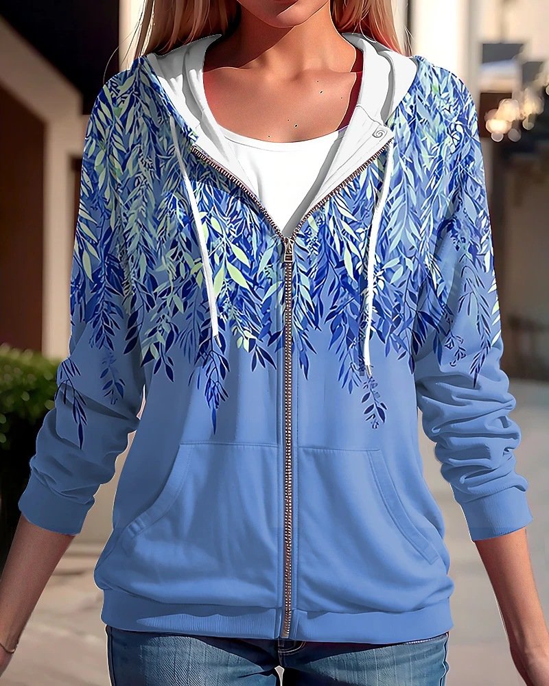 Manches Longues Régulier Feuille Blouson Zip pour Femmes