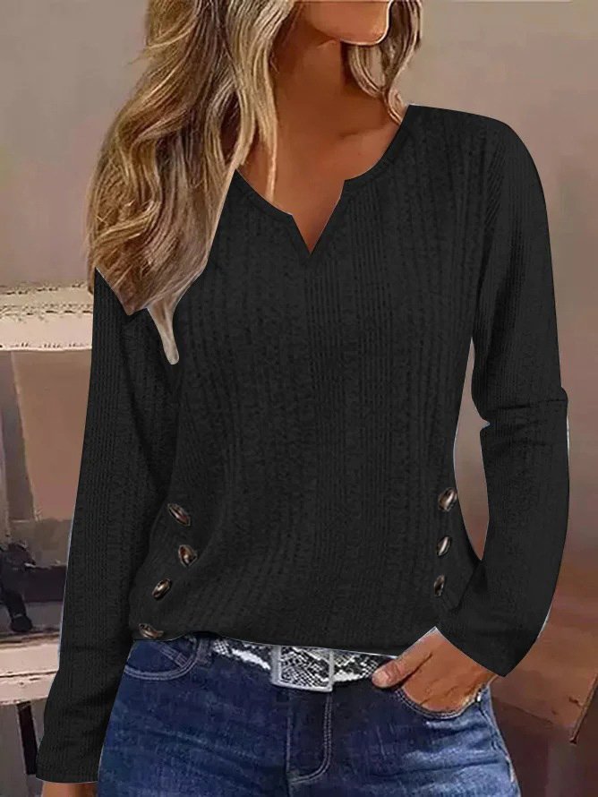T-shirts Décontracté Plain Printemps / Automne Ample Manches Longues Entaillé Régulier Droit Boucle pour Femmes