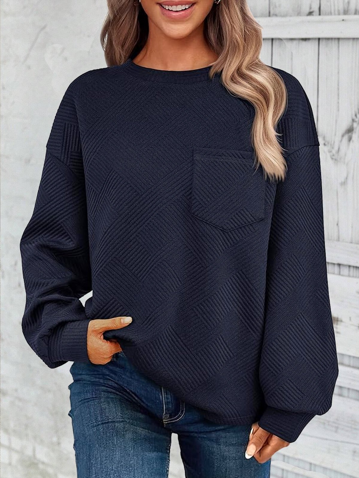 Sweat-shirts Décontracté Plain Printemps / Automne Jacquard Micro-élasticité Ample Col Rond Droit Régulier pour Femmes