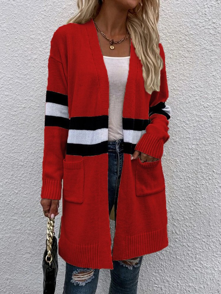 Cardigans Rayé Décontracté Hiver Micro-élasticité Quotidien Ample Manches Longues Laine/Tricot Épaissi pour Femmes