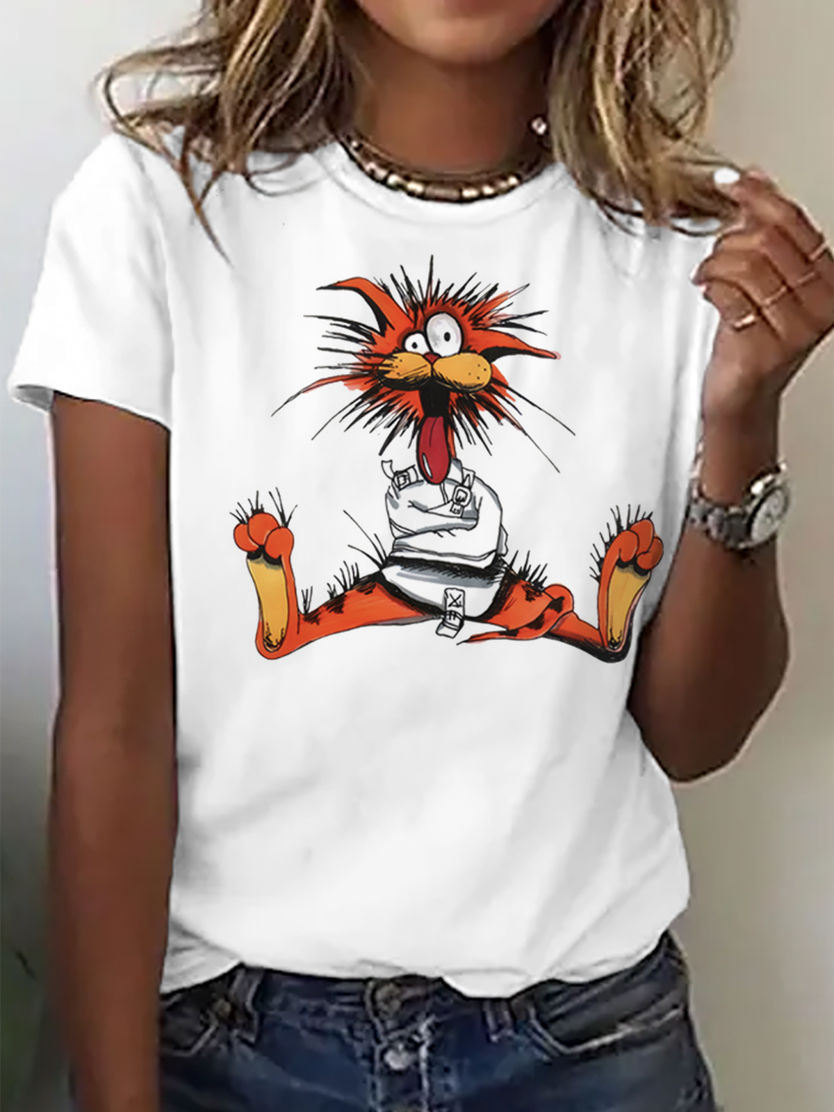 T-shirts Femmes Décontracté Été Dessin Animé Quotidien Ample Col Rond en Mélangé de Coton Élasticité moyenne Oui