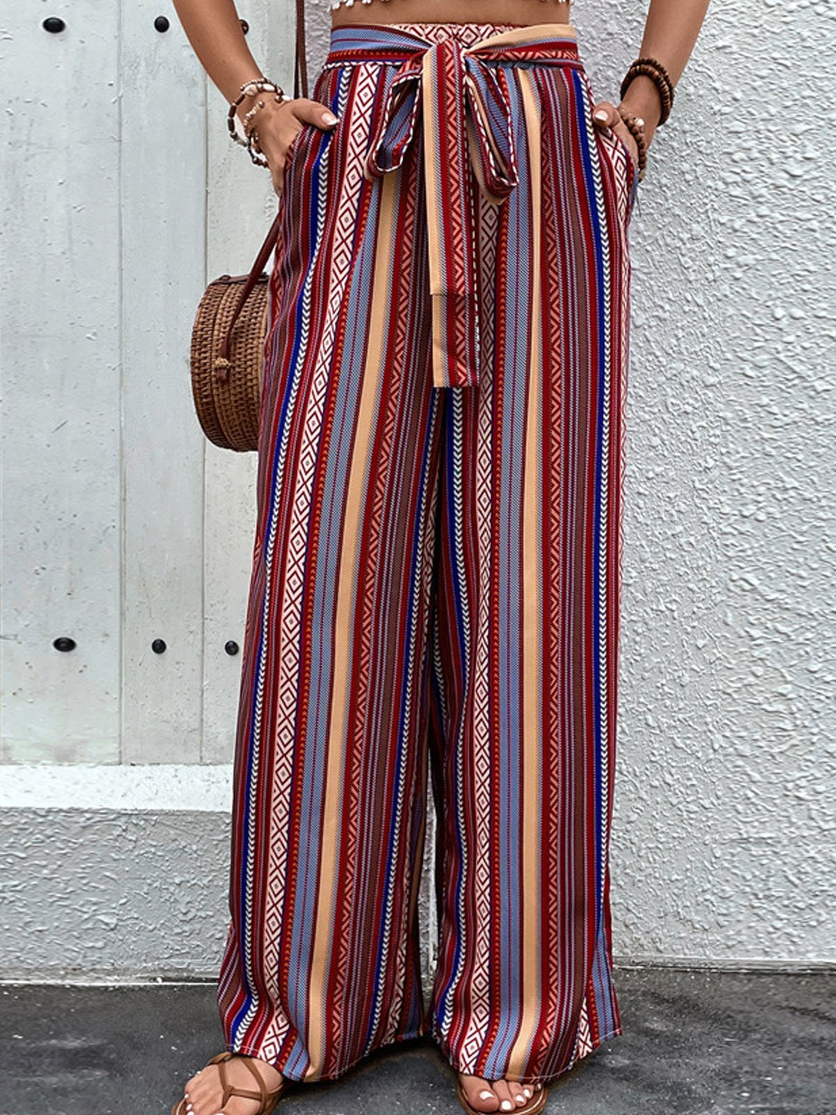 Pantalons Rayé Décontracté Printemps / Automne Polyester Quotidien Ample Long Régulier Poche Couture pour Femmes