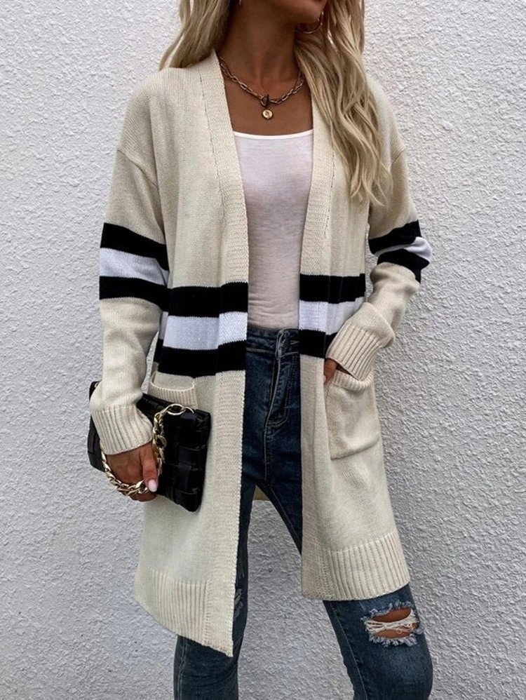 Cardigans Rayé Décontracté Hiver Micro-élasticité Quotidien Ample Manches Longues Laine/Tricot Épaissi pour Femmes
