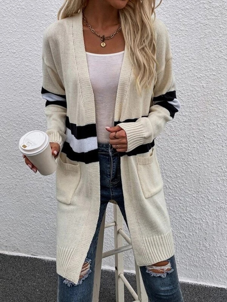 Cardigans Rayé Décontracté Hiver Micro-élasticité Quotidien Ample Manches Longues Laine/Tricot Épaissi pour Femmes