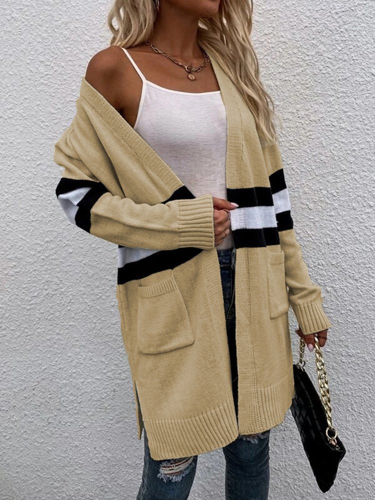 Cardigans Rayé Décontracté Hiver Micro-élasticité Quotidien Ample Manches Longues Laine/Tricot Épaissi pour Femmes