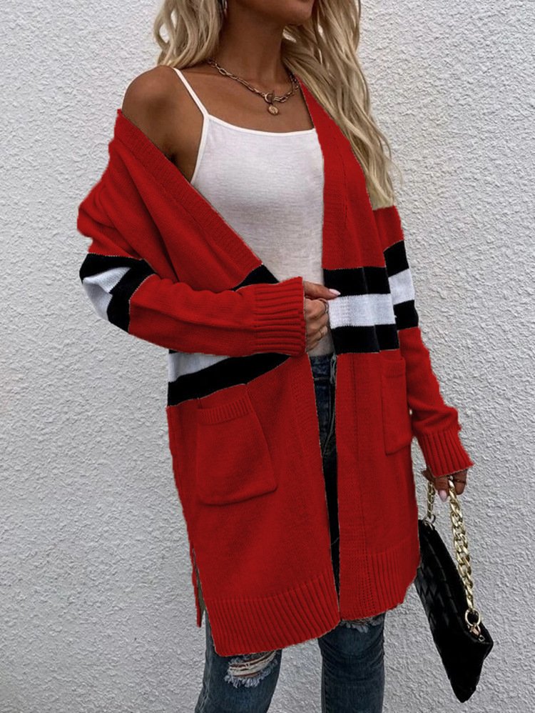 Cardigans Rayé Décontracté Hiver Micro-élasticité Quotidien Ample Manches Longues Laine/Tricot Épaissi pour Femmes