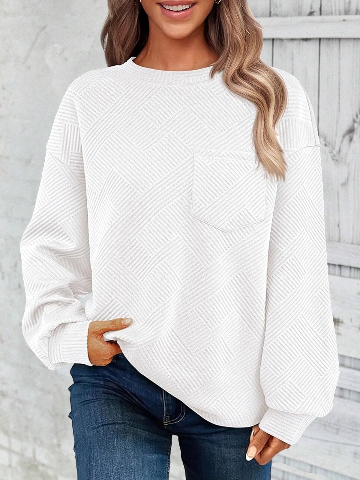 Sweat-shirts Décontracté Plain Printemps / Automne Jacquard Micro-élasticité Ample Col Rond Droit Régulier pour Femmes