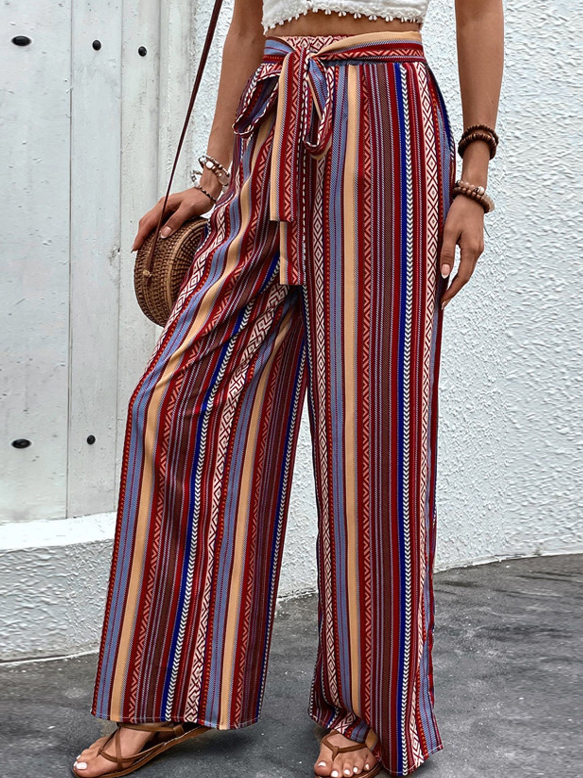 Pantalons Rayé Décontracté Printemps / Automne Polyester Quotidien Ample Long Régulier Poche Couture pour Femmes