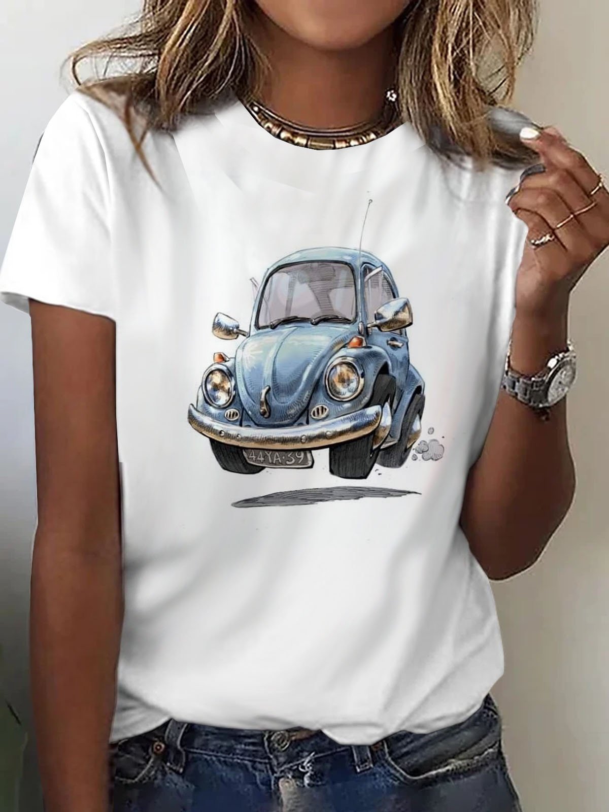 T-shirts Femmes Décontracté Été voiture Quotidien Ample Manches Courtes Droit Régulier Élasticité moyenne