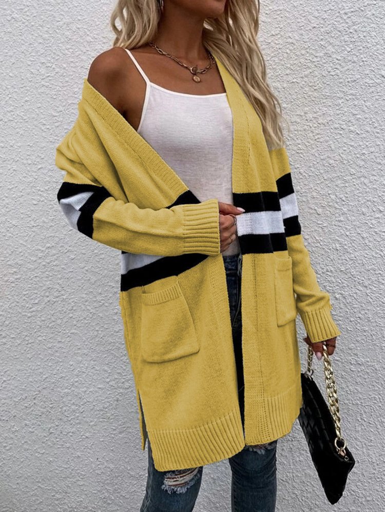 Cardigans Rayé Décontracté Hiver Micro-élasticité Quotidien Ample Manches Longues Laine/Tricot Épaissi pour Femmes