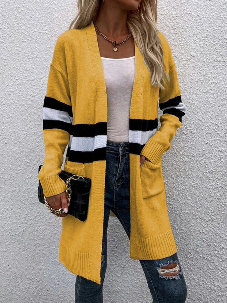 Cardigans Rayé Décontracté Hiver Micro-élasticité Quotidien Ample Manches Longues Laine/Tricot Épaissi pour Femmes