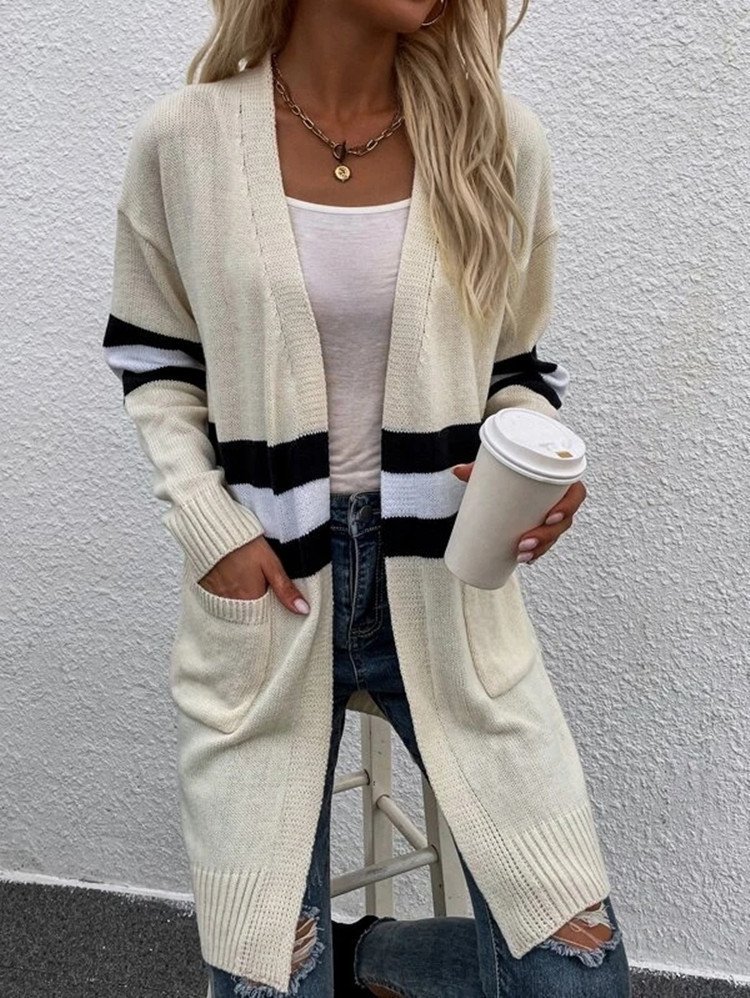 Cardigans Rayé Décontracté Hiver Micro-élasticité Quotidien Ample Manches Longues Laine/Tricot Épaissi pour Femmes
