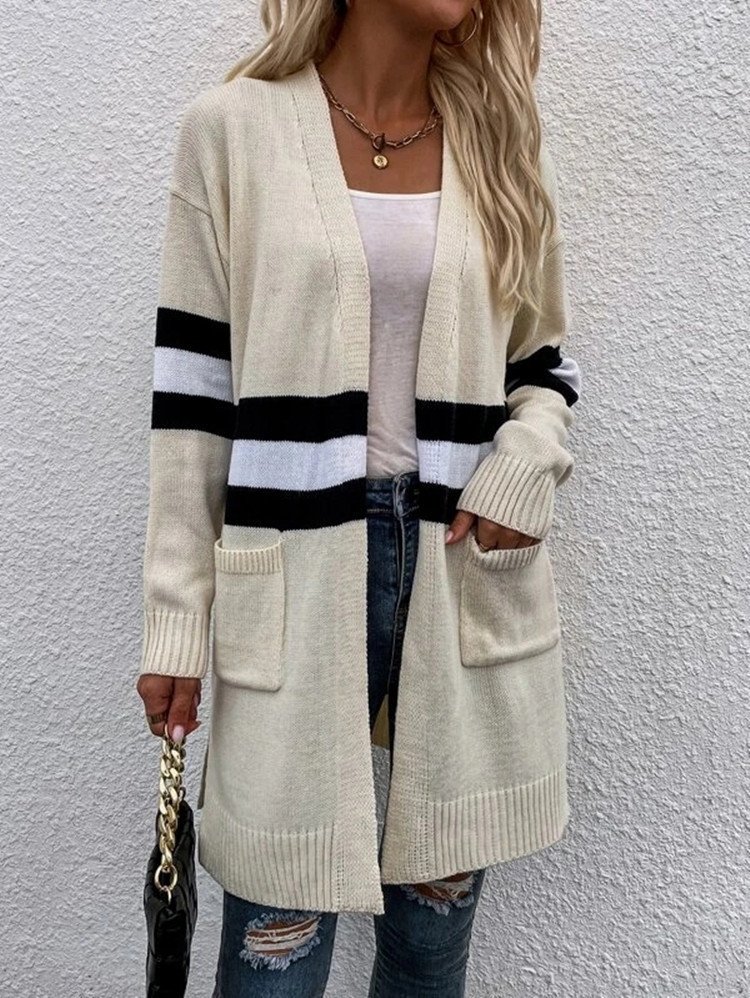 Cardigans Rayé Décontracté Hiver Micro-élasticité Quotidien Ample Manches Longues Laine/Tricot Épaissi pour Femmes