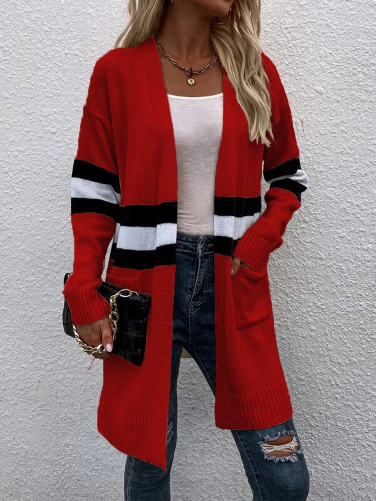 Cardigans Rayé Décontracté Hiver Micro-élasticité Quotidien Ample Manches Longues Laine/Tricot Épaissi pour Femmes