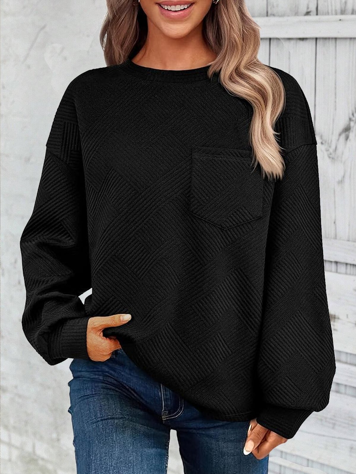Sweat-shirts Décontracté Plain Printemps / Automne Jacquard Micro-élasticité Ample Col Rond Droit Régulier pour Femmes