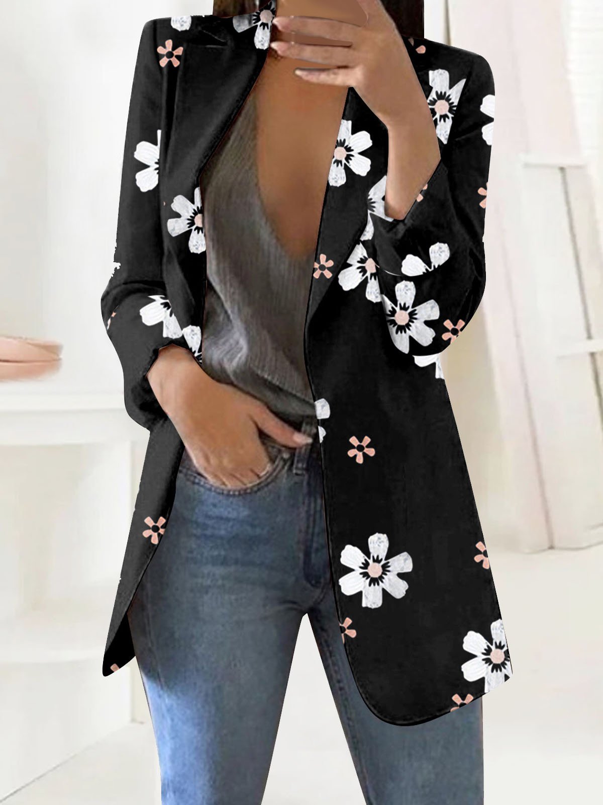 à Col Revers Manches Longues Régulier Floral Blazer pour Femmes