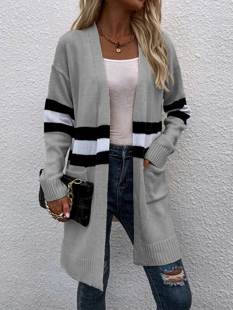 Cardigans Rayé Décontracté Hiver Micro-élasticité Quotidien Ample Manches Longues Laine/Tricot Épaissi pour Femmes