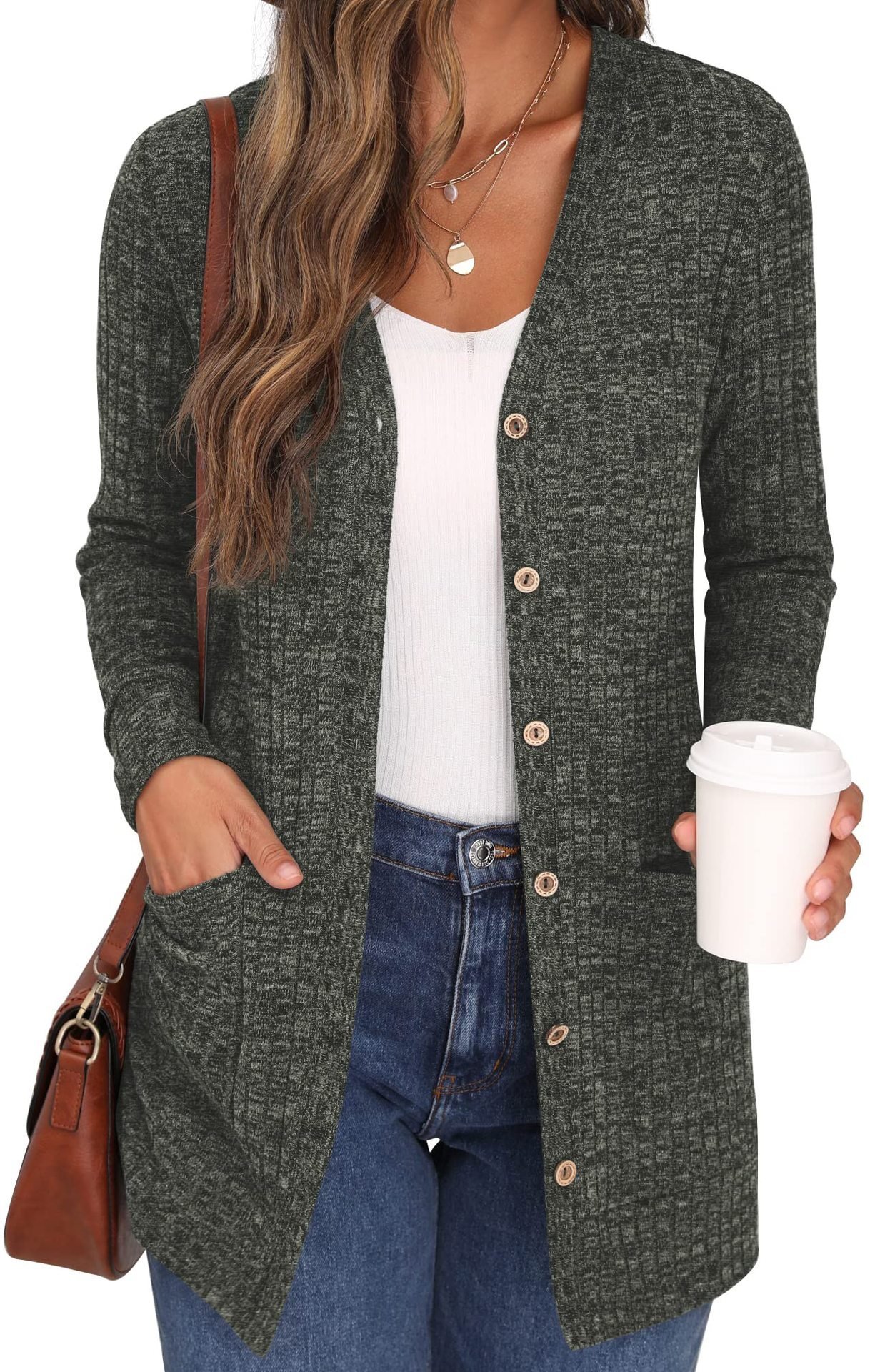Cardigans Décontracté Plain Printemps / Automne Polyester Col V Coupe Régulière Manches Longues Droit Régulier pour Femmes