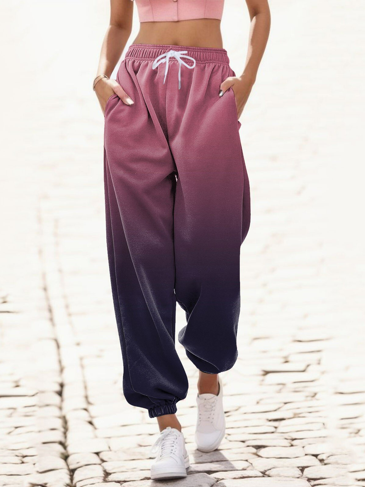 Pantalons Décontracté Ombre Printemps / Automne Naturel Ample Long Pantalon à bandes à la cheville Droit Régulier pour Femmes