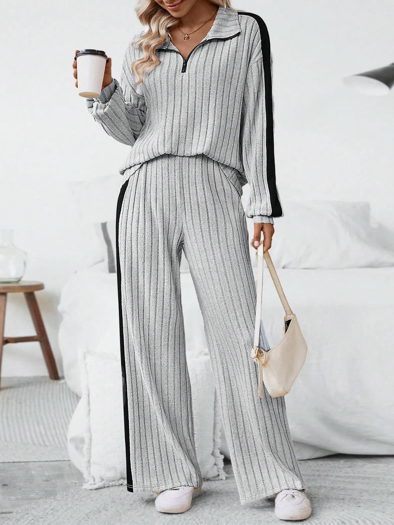 Deux Pièces Ensembles Décontracté Bloc de Couleur Printemps / Automne Naturel Ample Jersey Manches Longues Top Avec Pantalons Régulier pour Femmes