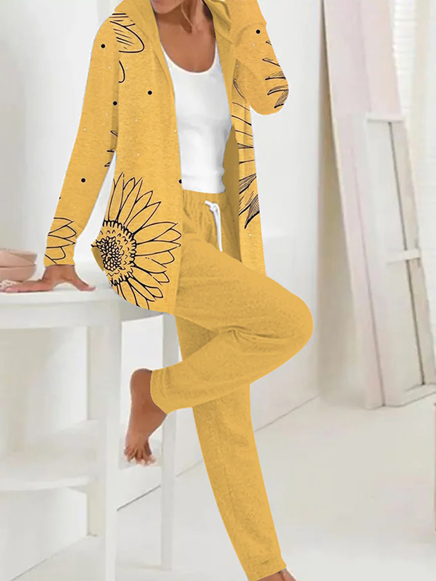 Deux Pièces Ensembles Femmes Décontracté Floral Printemps / Automne Polyester Naturel Quotidien Manches Longues Manteau avec Pantalons Régulier
